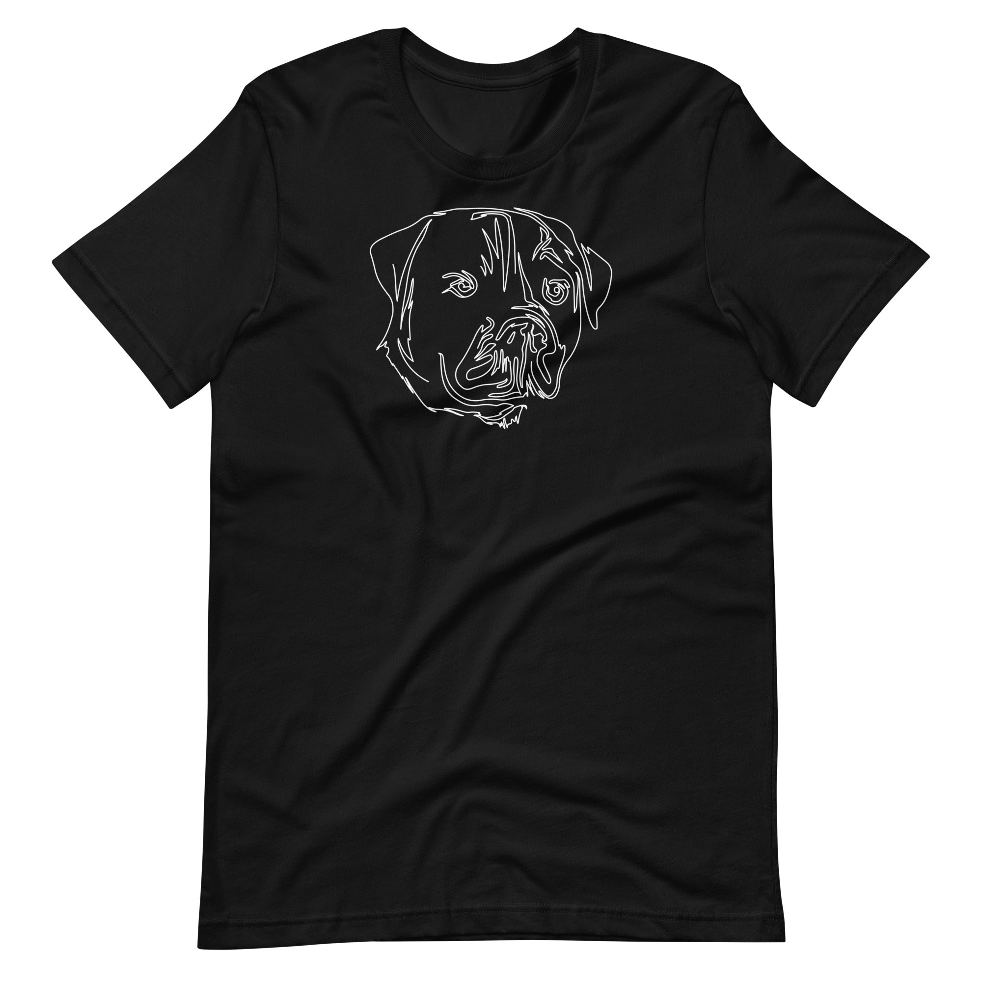 White minimalist line art rottweiler dog portrait printed on a black unisex t-shirt front view
