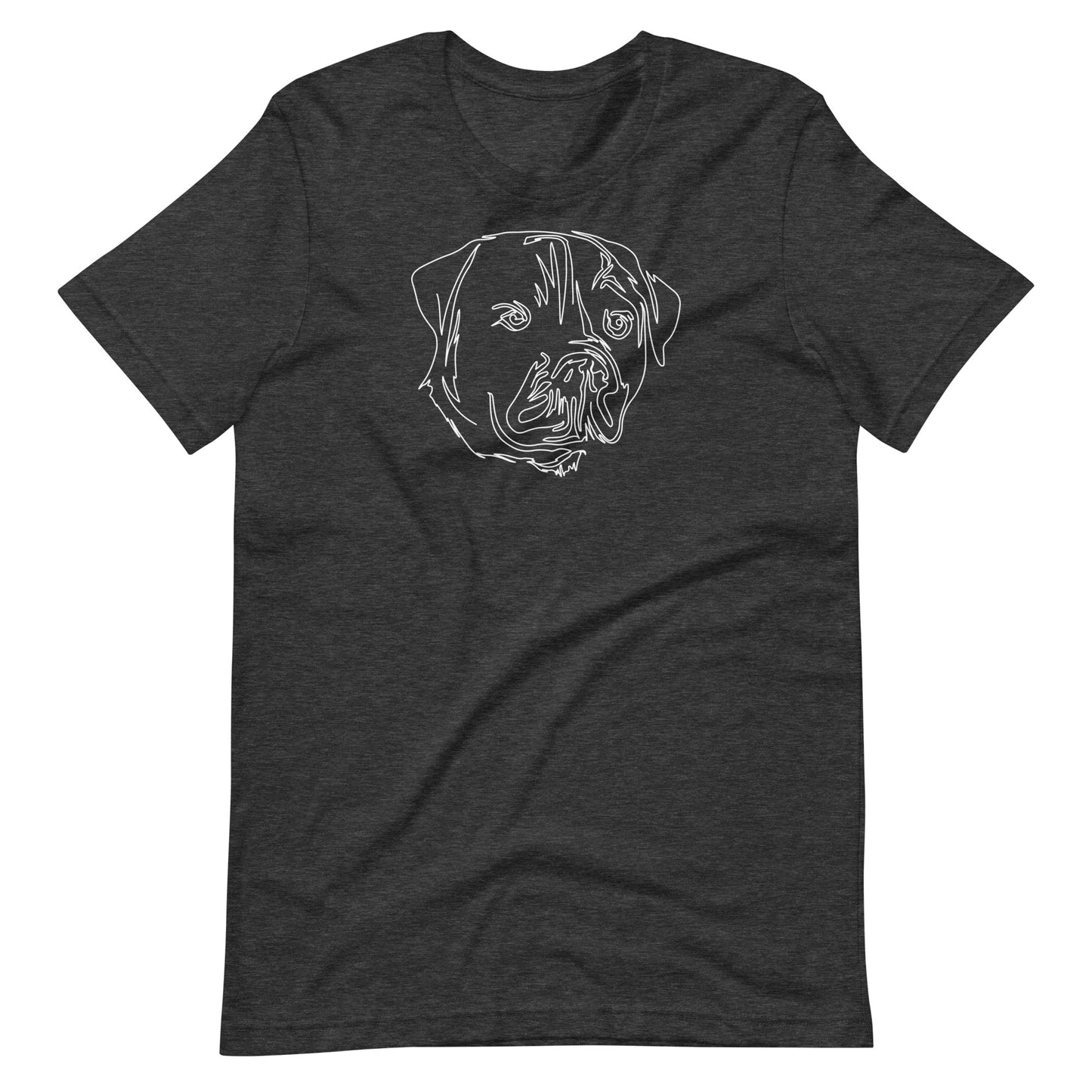 White minimalist line art rottweiler dog portrait printed on a dark gray unisex t-shirt front view