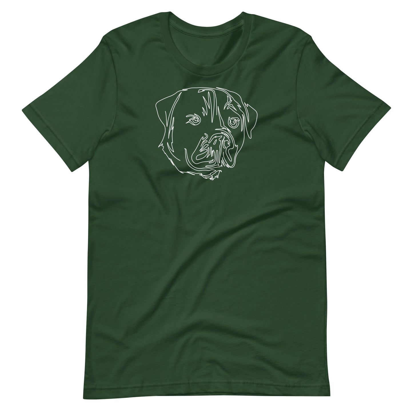 White minimalist line art rottweiler dog portrait printed on a green unisex t-shirt front view