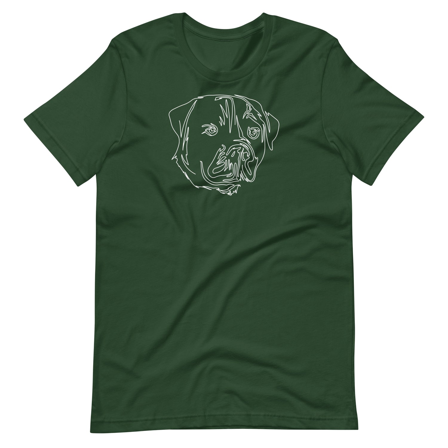 White minimalist line art rottweiler dog portrait printed on a green unisex t-shirt front view