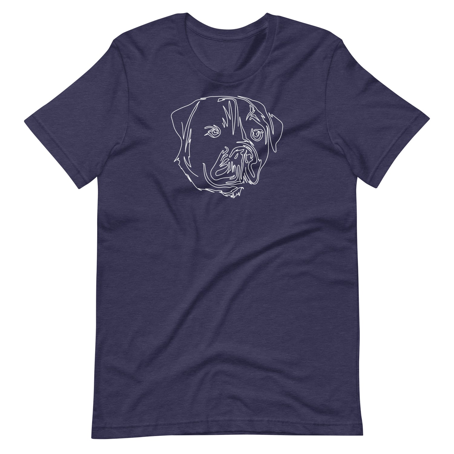 White minimalist line art rottweiler dog portrait printed on a midnight blue unisex t-shirt front view