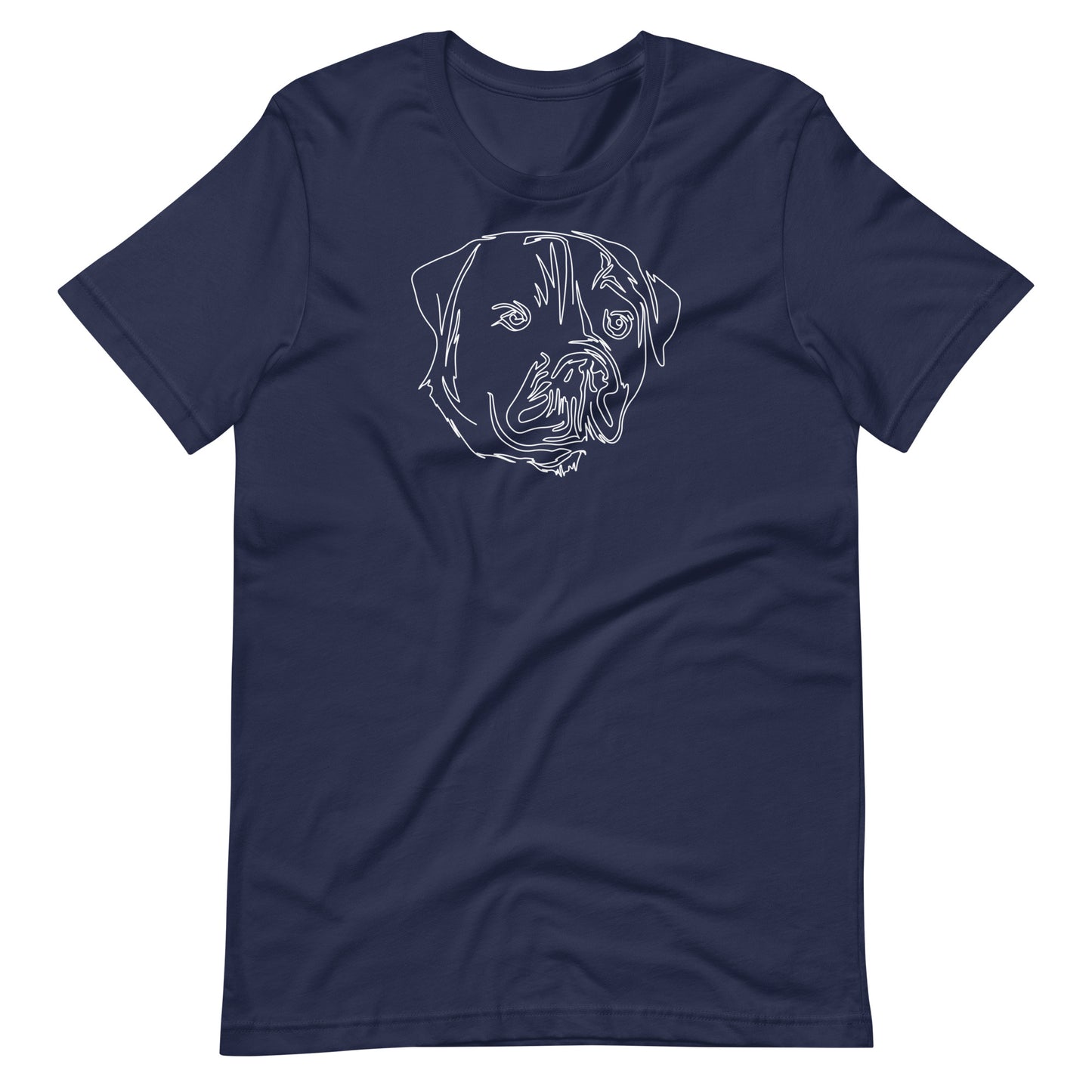White minimalist line art rottweiler dog portrait printed on a navy blue unisex t-shirt front view