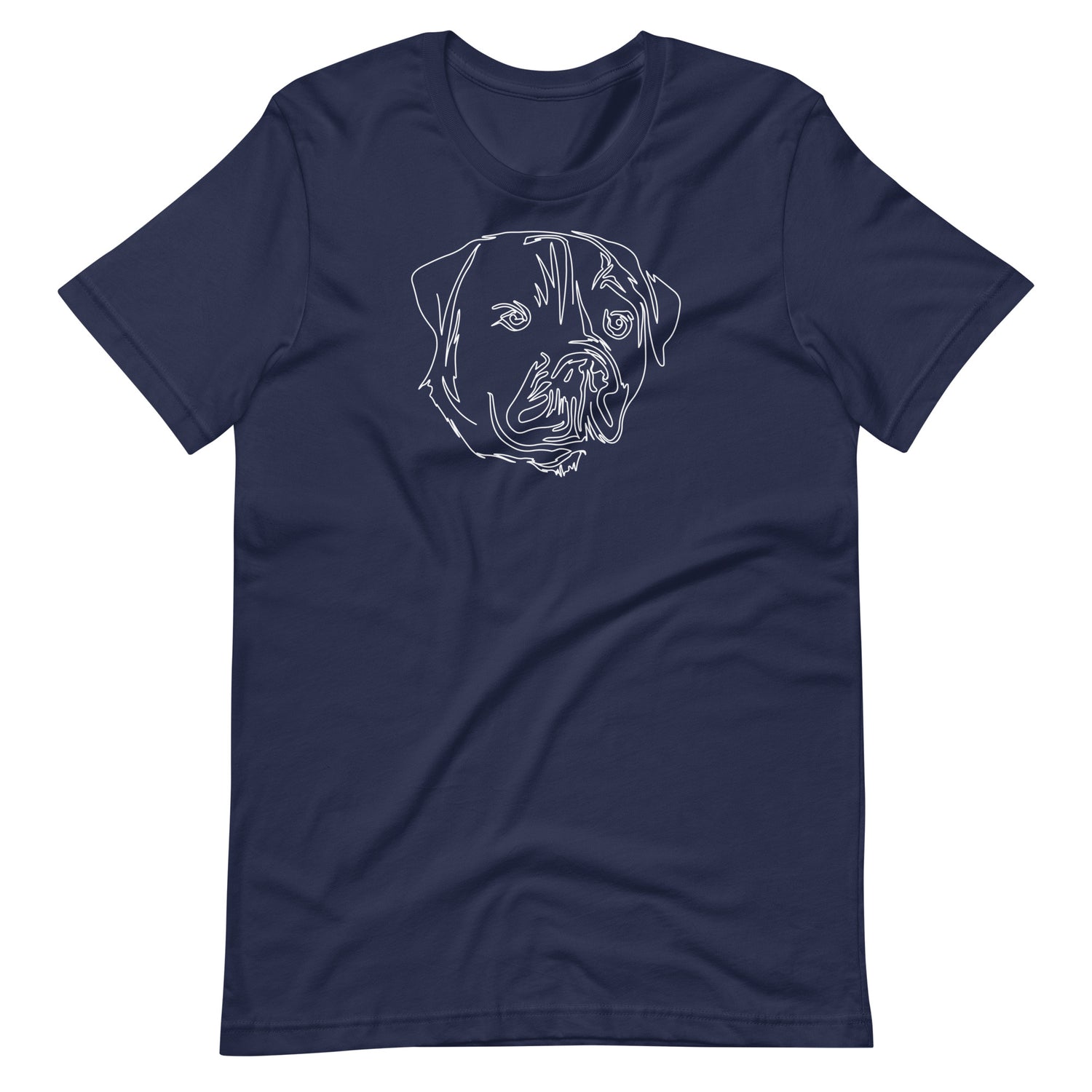 White minimalist line art rottweiler dog portrait printed on a navy blue unisex t-shirt front view