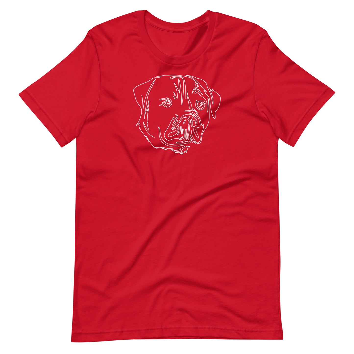 White minimalist line art rottweiler dog portrait printed on a red unisex t-shirt front view