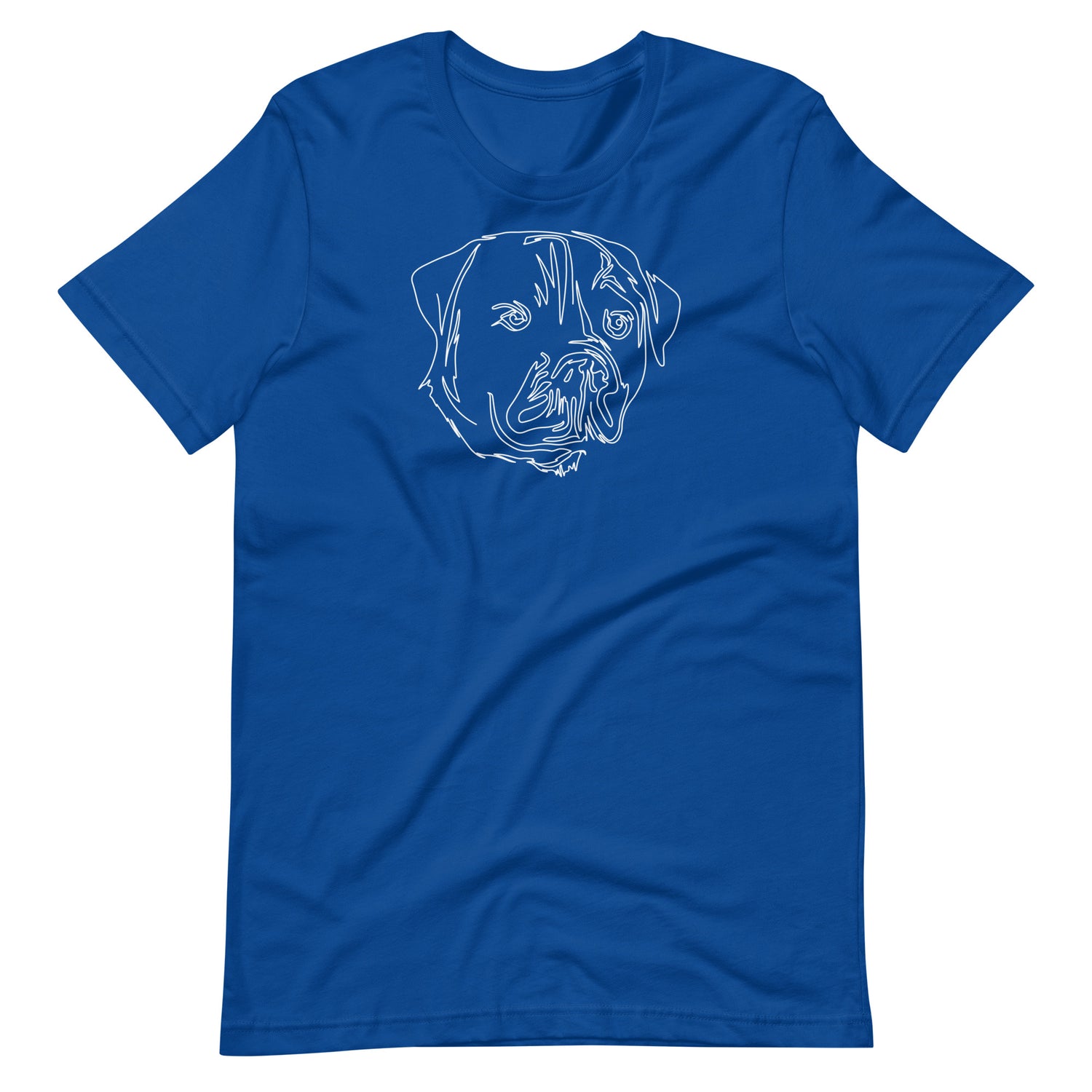 White minimalist line art rottweiler dog portrait printed on a royal blue unisex t-shirt front view