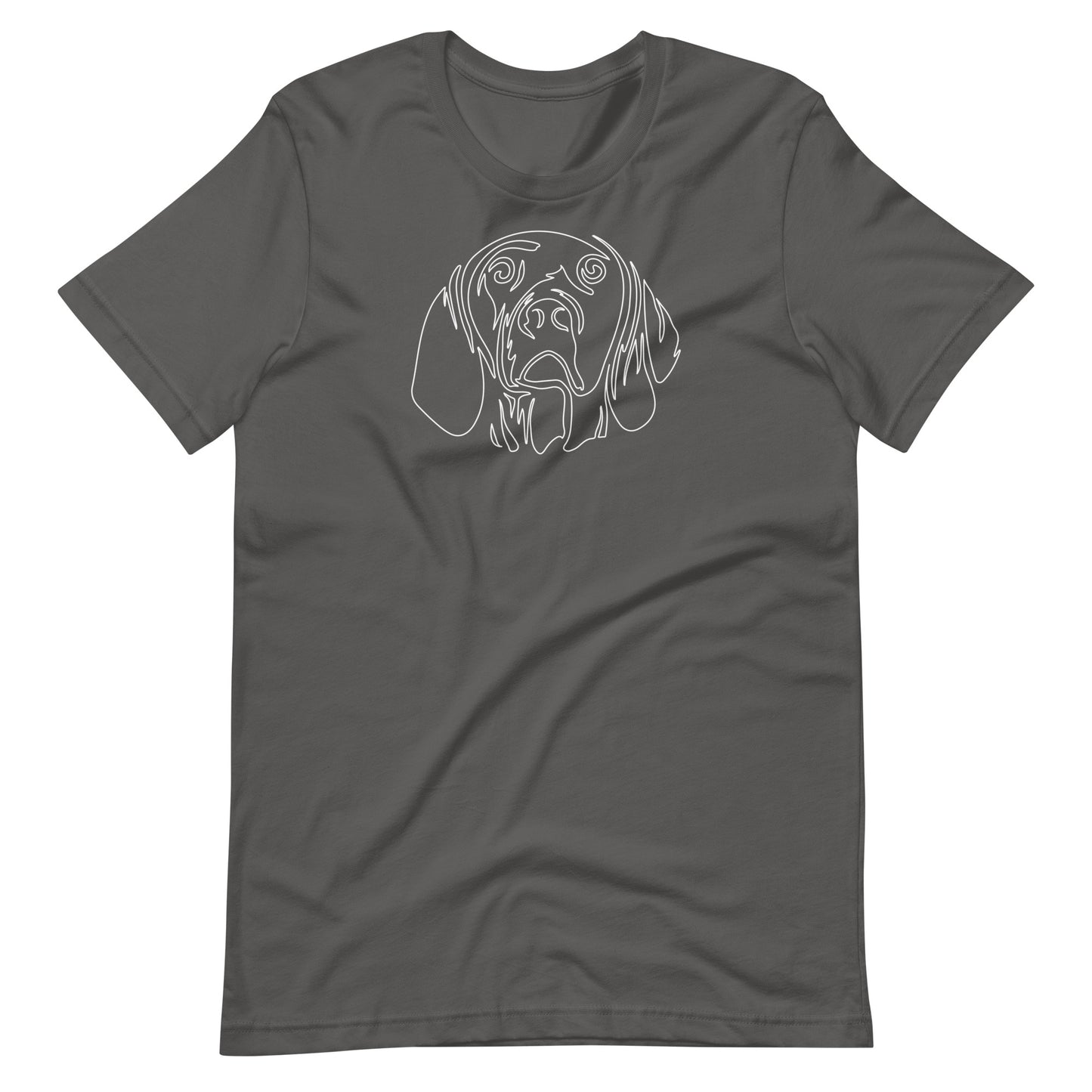 White minimalist line art vizsla dog portrait printed on an asphalt gray unisex t-shirt front view