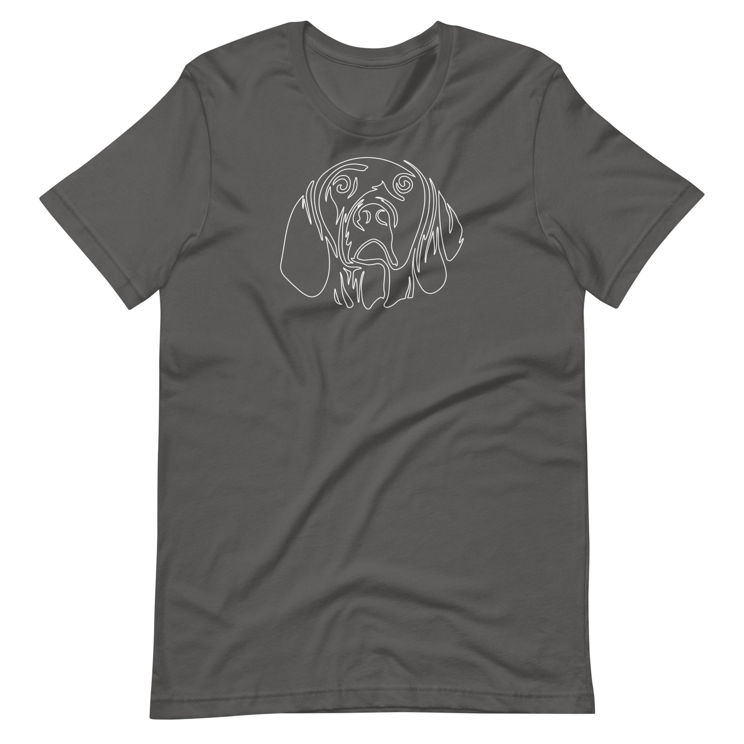 White minimalist line art vizsla dog portrait printed on an asphalt gray unisex t-shirt front view