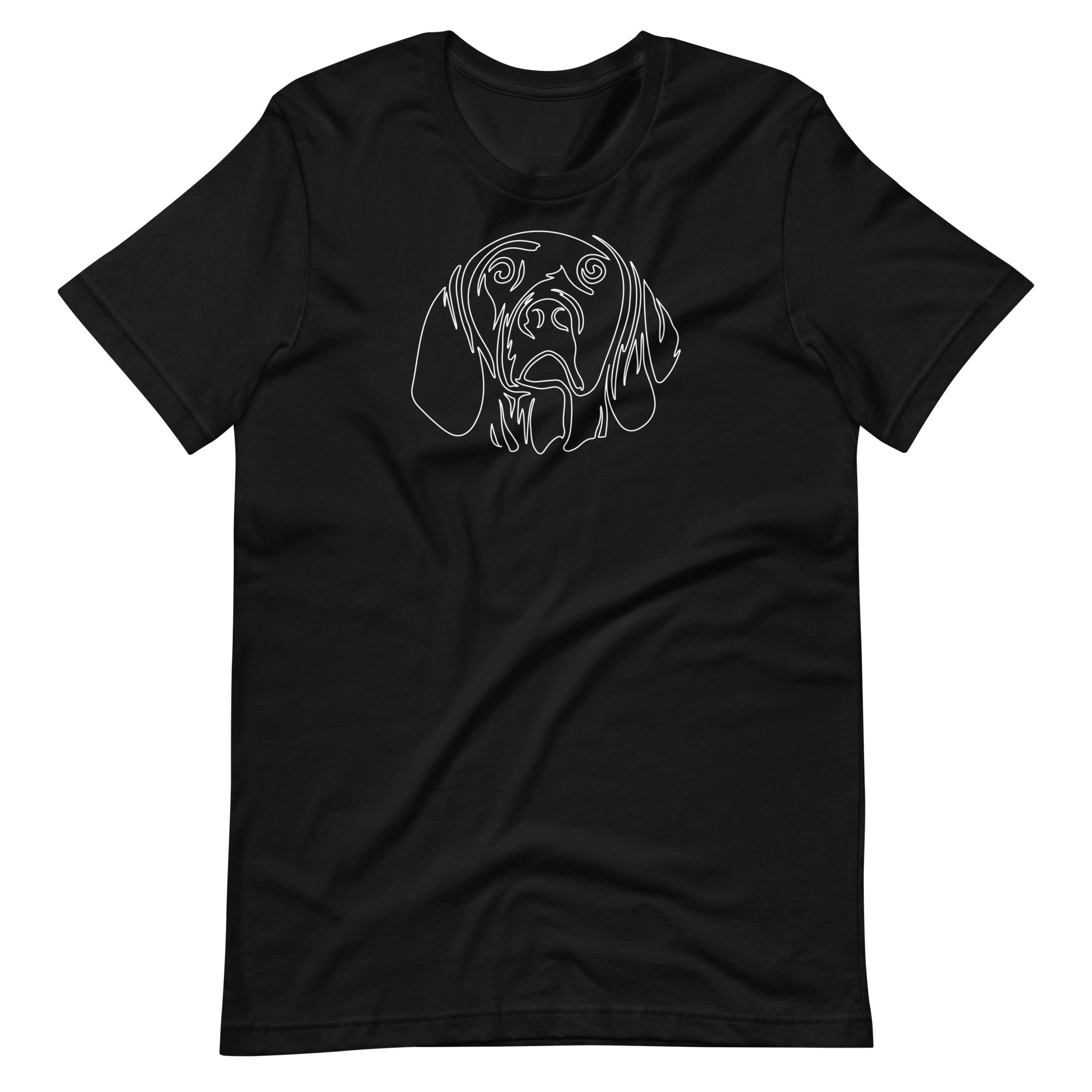 White minimalist line art vizsla dog portrait printed on a black unisex t-shirt front view