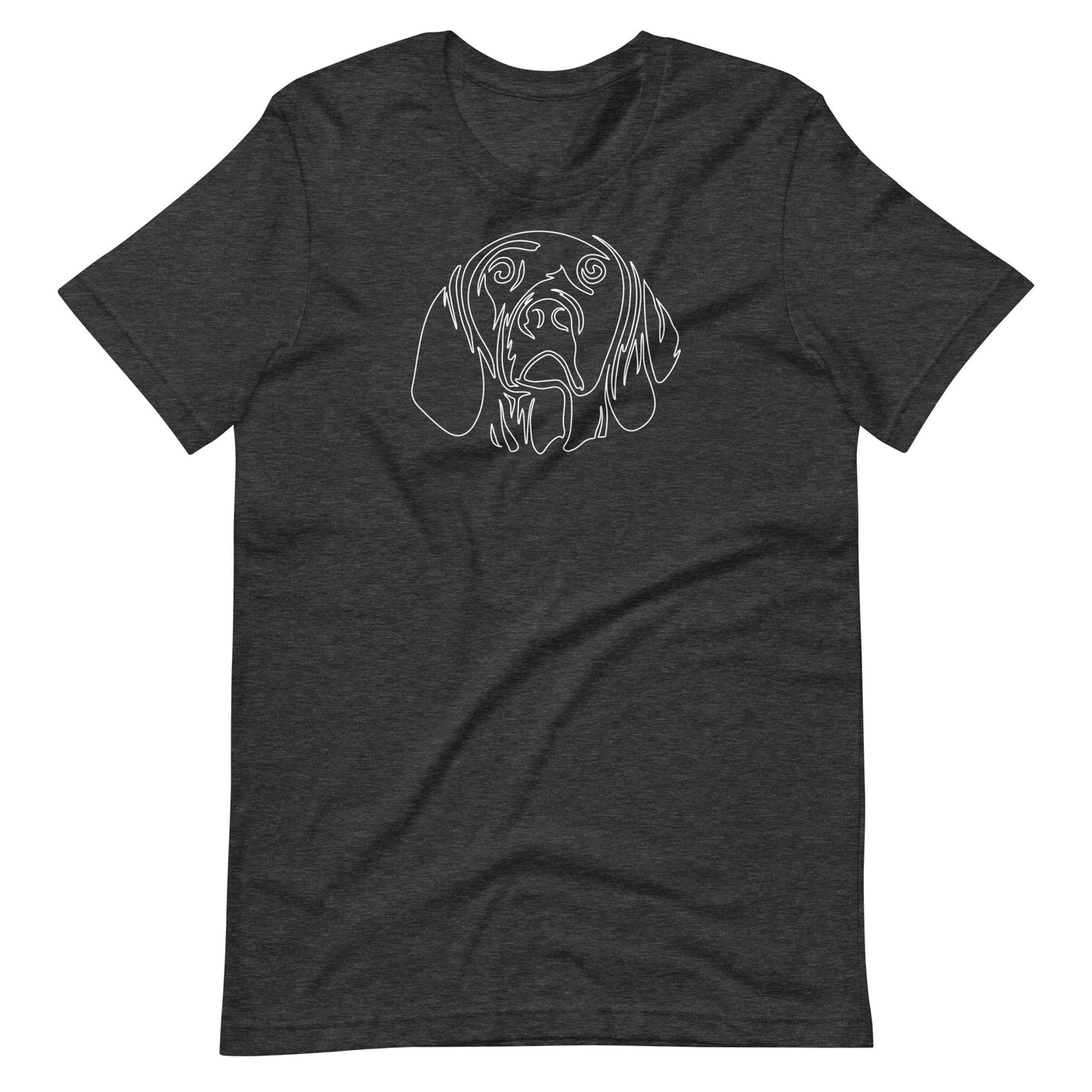 White minimalist line art vizsla dog portrait printed on a dark gray unisex t-shirt front view