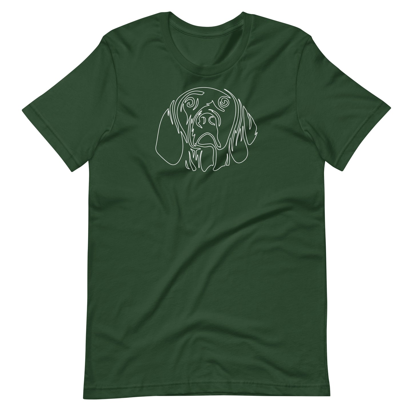 White minimalist line art vizsla dog portrait printed on a green unisex t-shirt front view