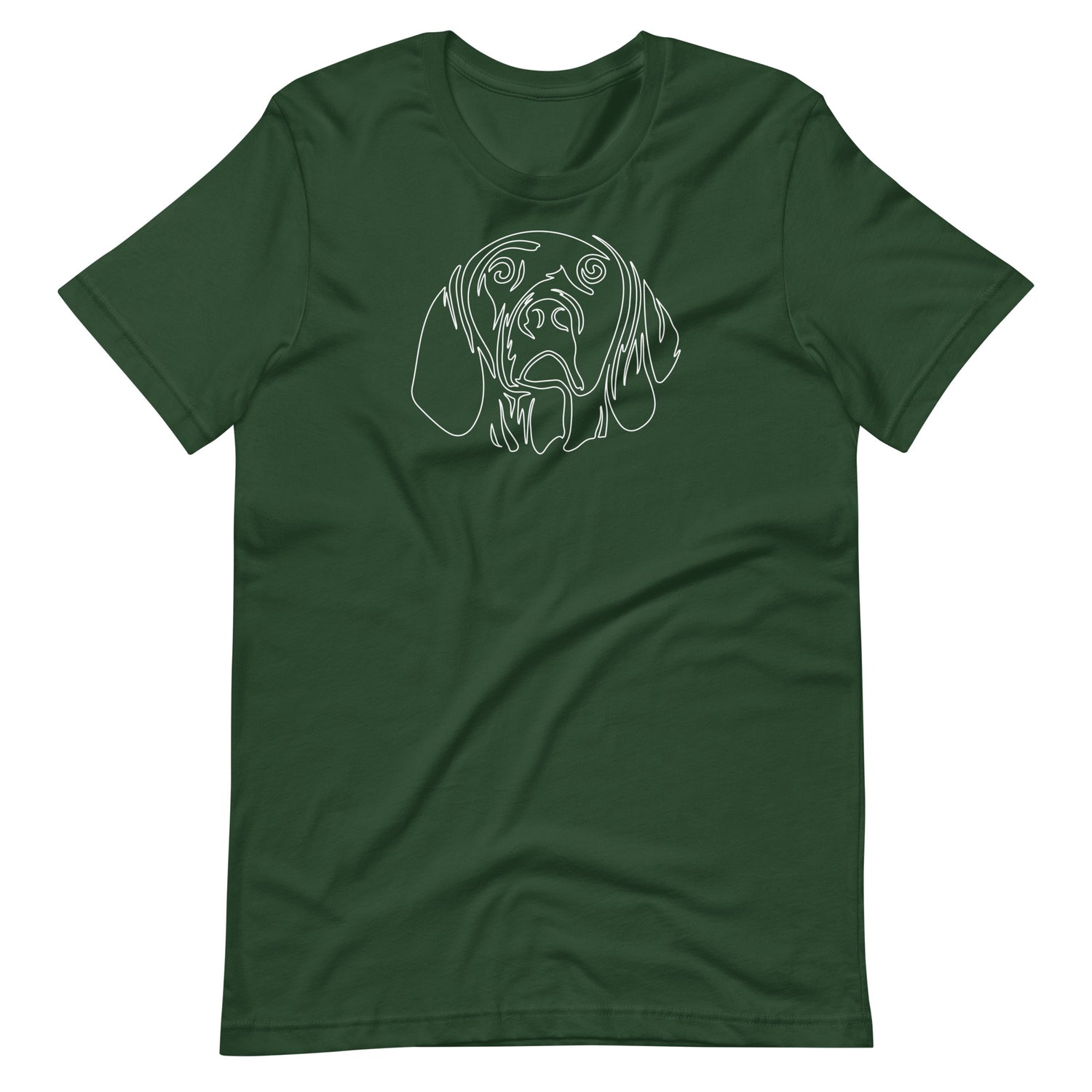 White minimalist line art vizsla dog portrait printed on a green unisex t-shirt front view