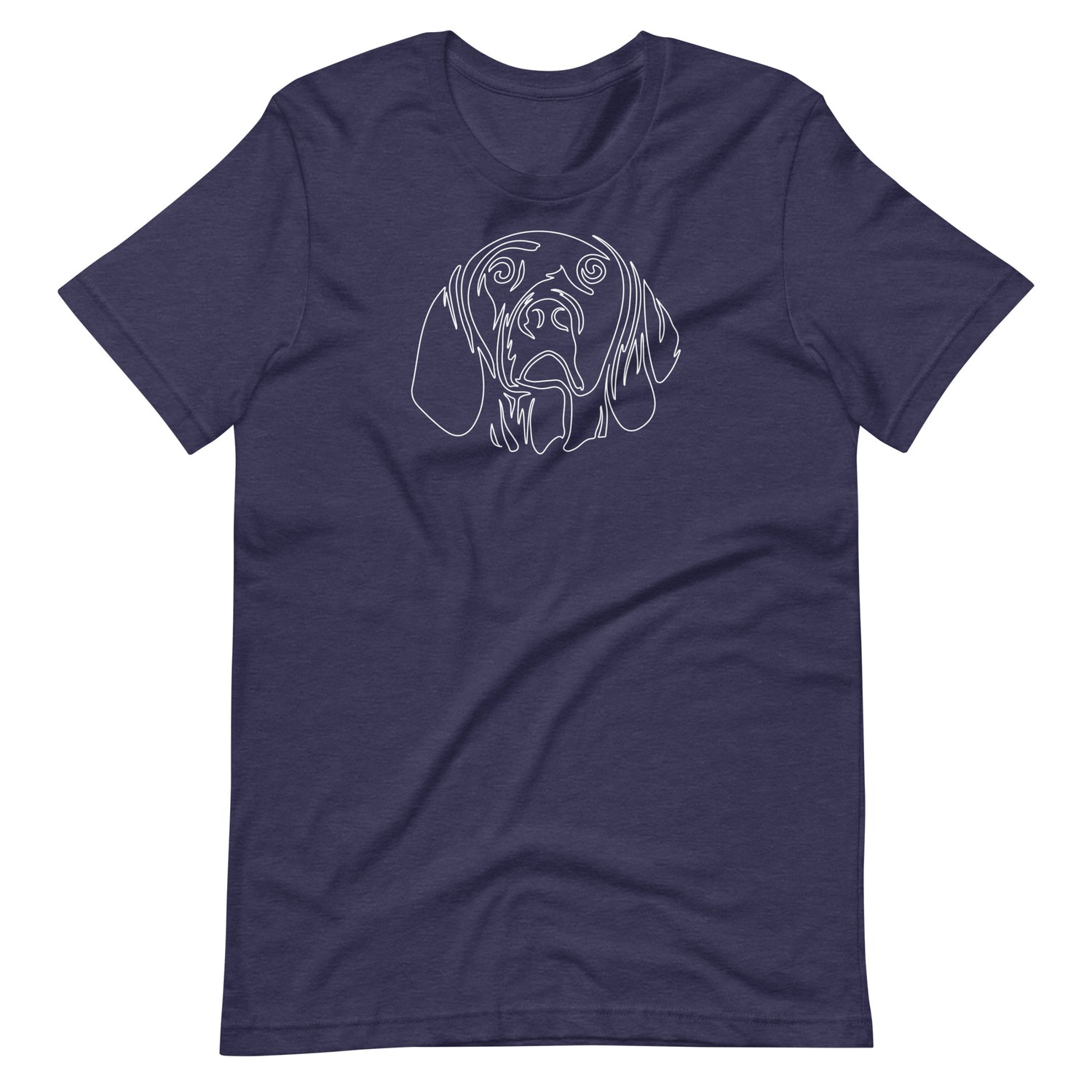 White minimalist line art vizsla dog portrait printed on a midnight blue unisex t-shirt front view