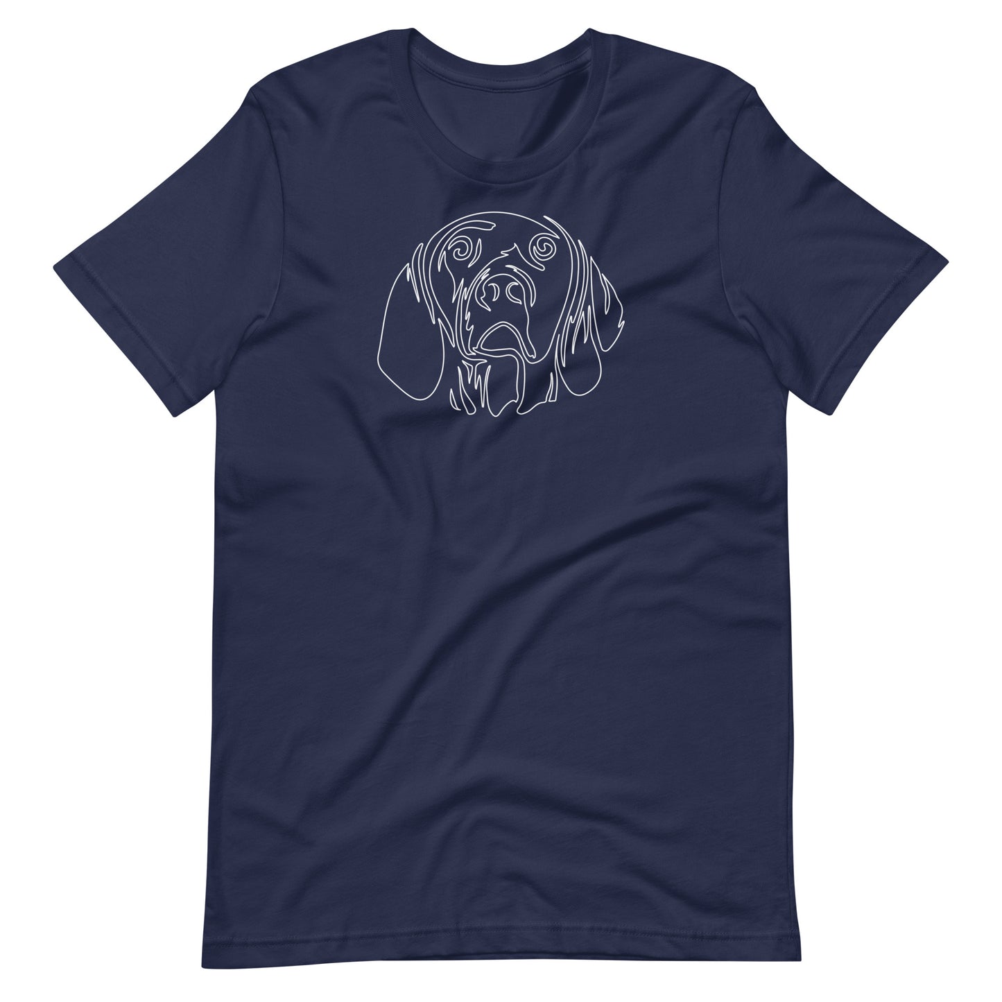 White minimalist line art vizsla dog portrait printed on a navy blue unisex t-shirt front view