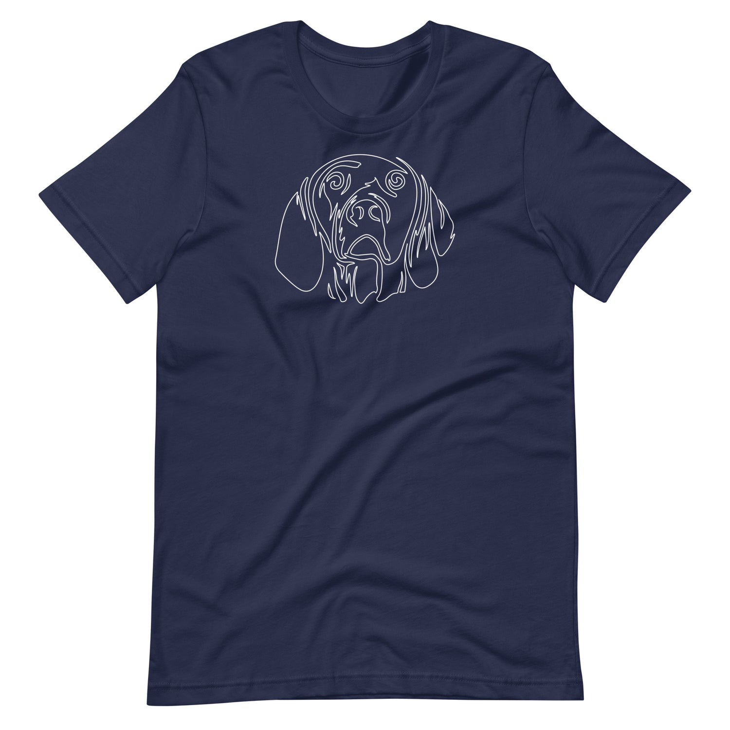 White minimalist line art vizsla dog portrait printed on a navy blue unisex t-shirt front view