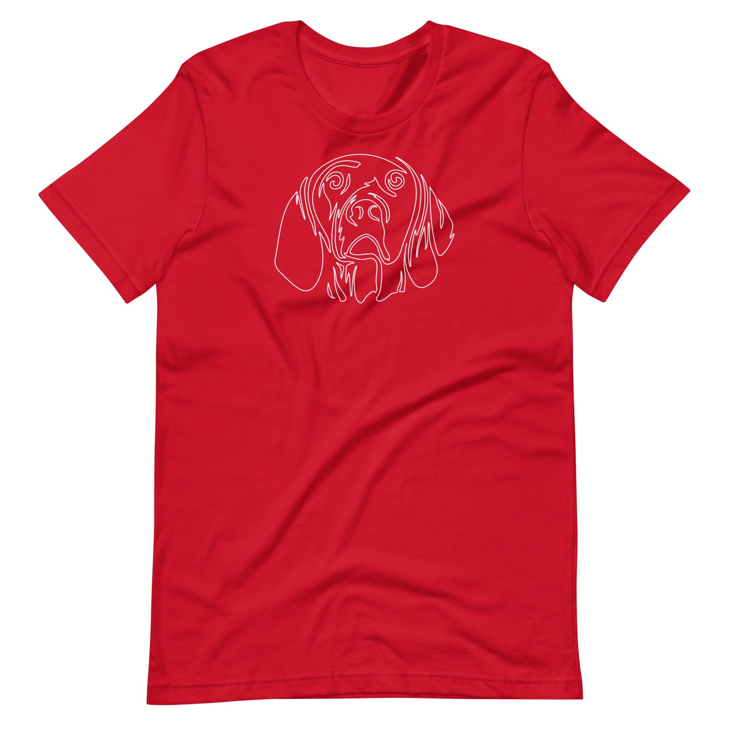 White minimalist line art vizsla dog portrait printed on a red unisex t-shirt front view