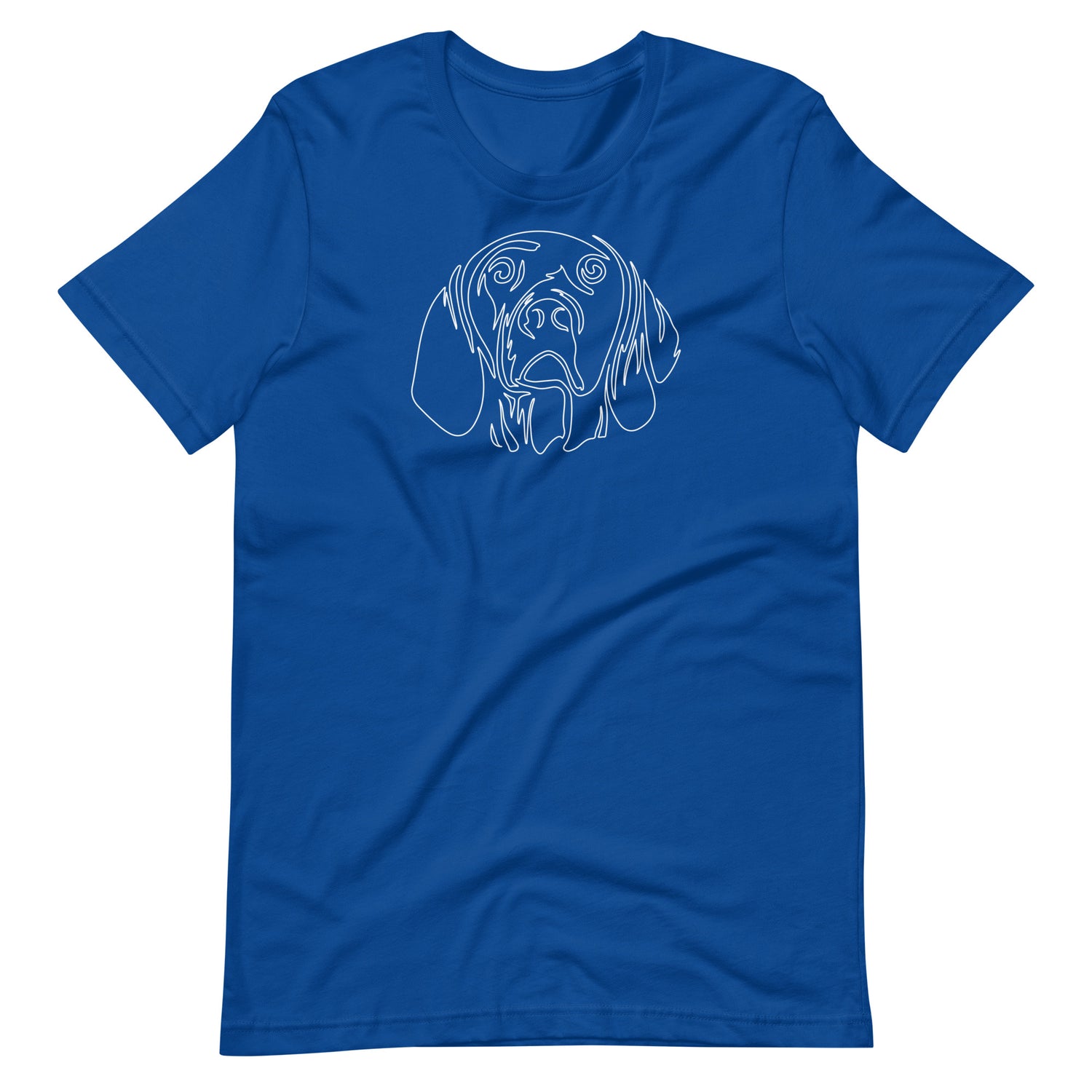 White minimalist line art vizsla dog portrait printed on a royal blue unisex t-shirt front view