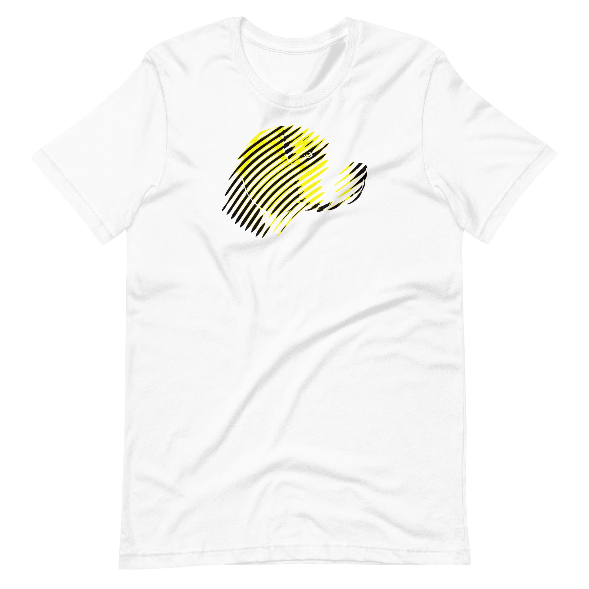 Abstract yellow and black linework beagle dog portrait printed on a white unisex t-shirt front view