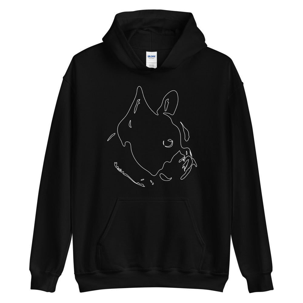 White line French Bulldog face on unisex black hoodie