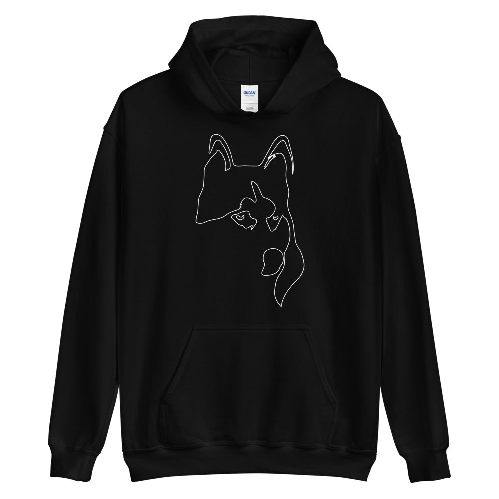 White line Siberian Husky face on unisex black hoodie