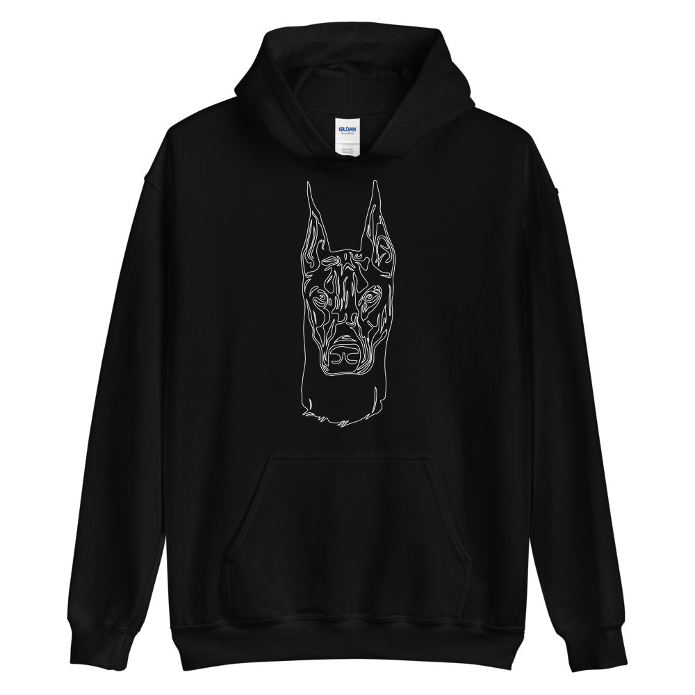 White line Doberman face on unisex black hoodie