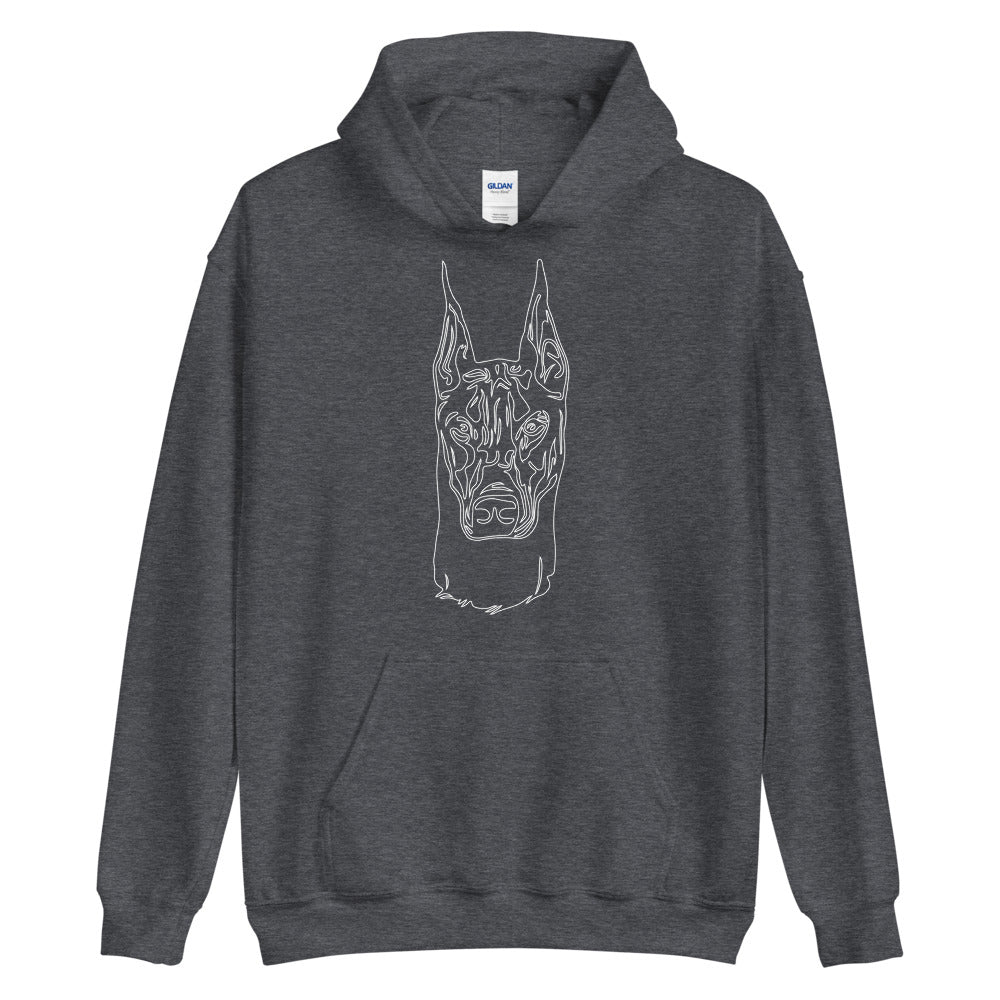 White line Doberman face on unisex dark heather hoodie