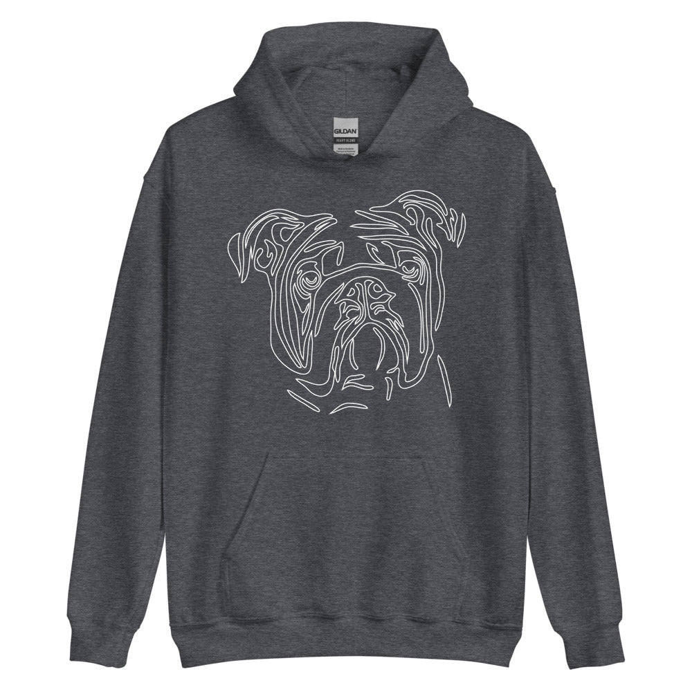 White line Bulldog face on unisex dark heather hoodie