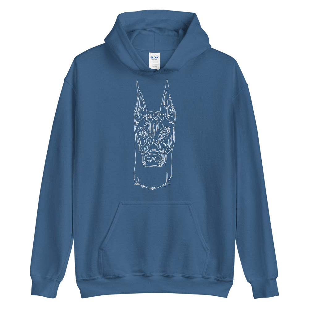White line Doberman face on unisex indigo blue hoodie