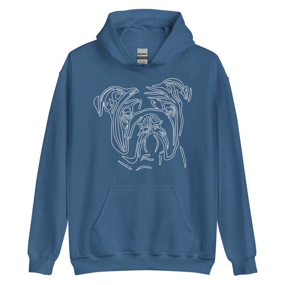 White line Bulldog face on unisex indigo blue hoodie