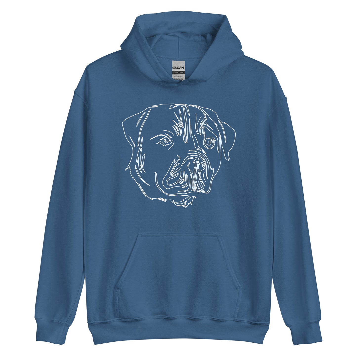 White line Rottweiler face on unisex indigo blue hoodie