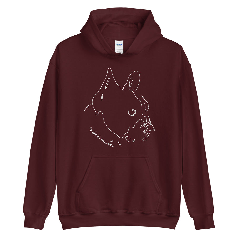 White line French Bulldog face on unisex maroon hoodie