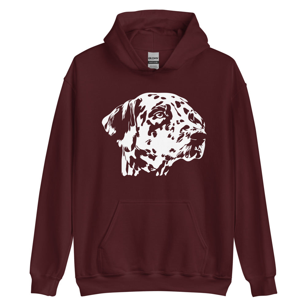 White Dalmatian face silhouette on unisex maroon hoodie