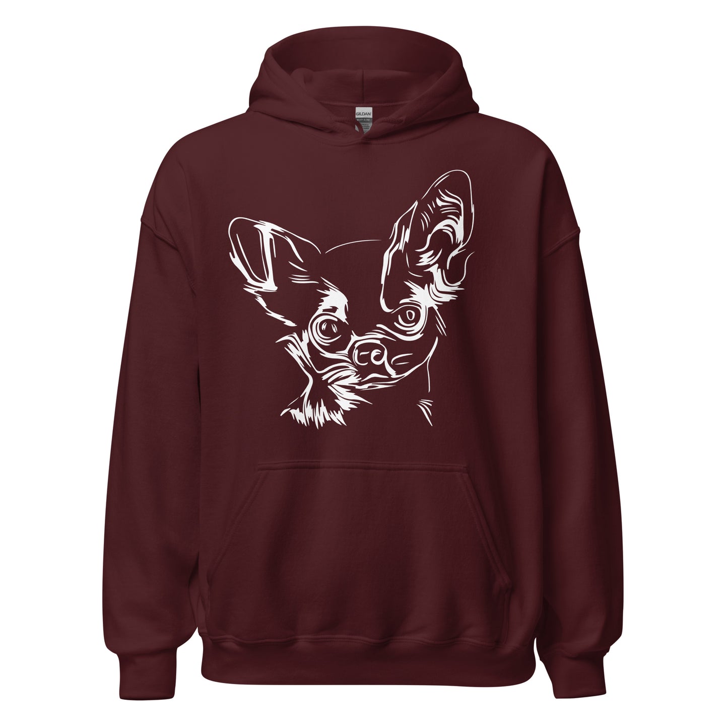 White line Chihuahua face on unisex maroon hoodie