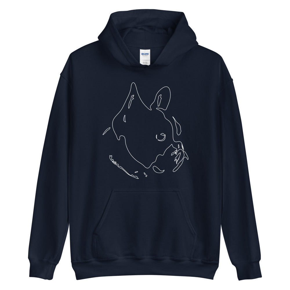 White line French Bulldog face on unisex navy hoodie