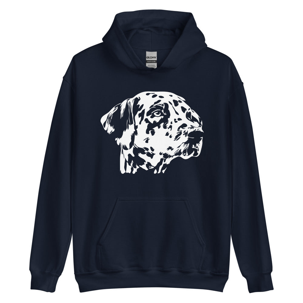White Dalmatian face silhouette on unisex navy hoodie