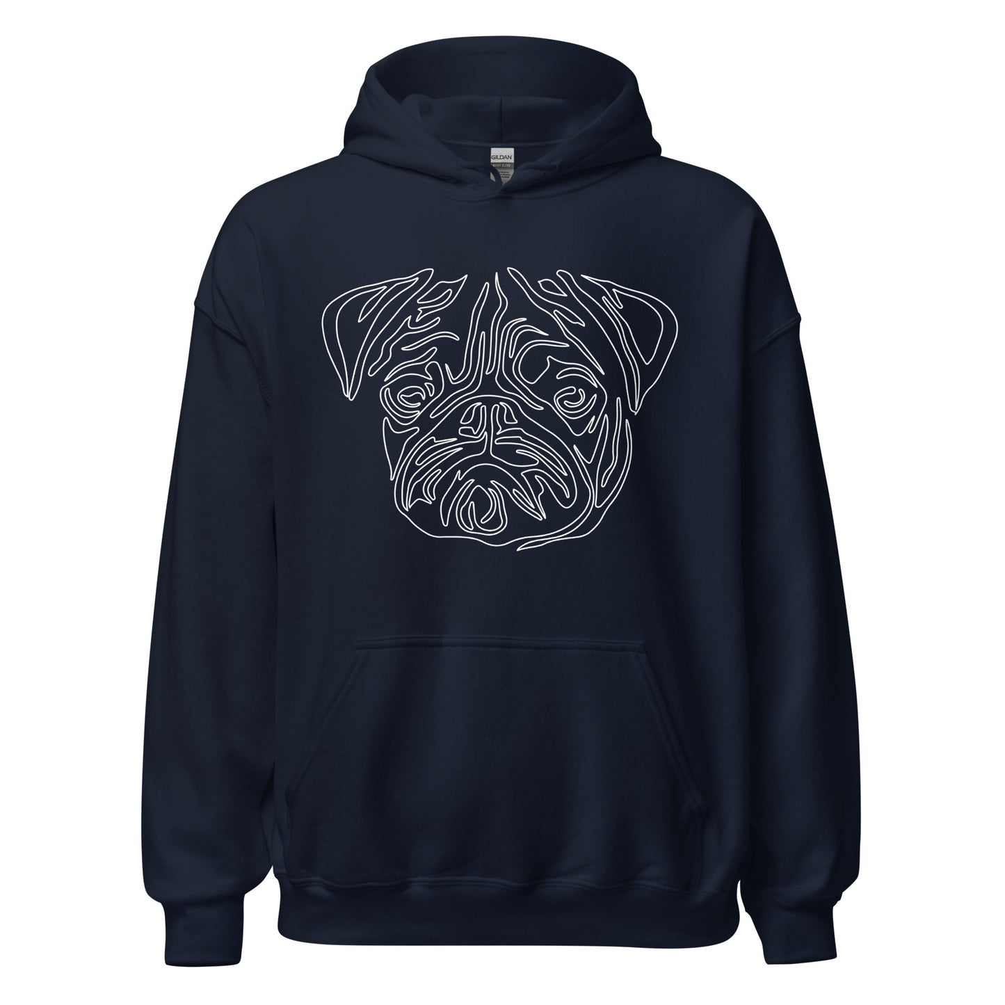 White line Pug face on unisex navy hoodie