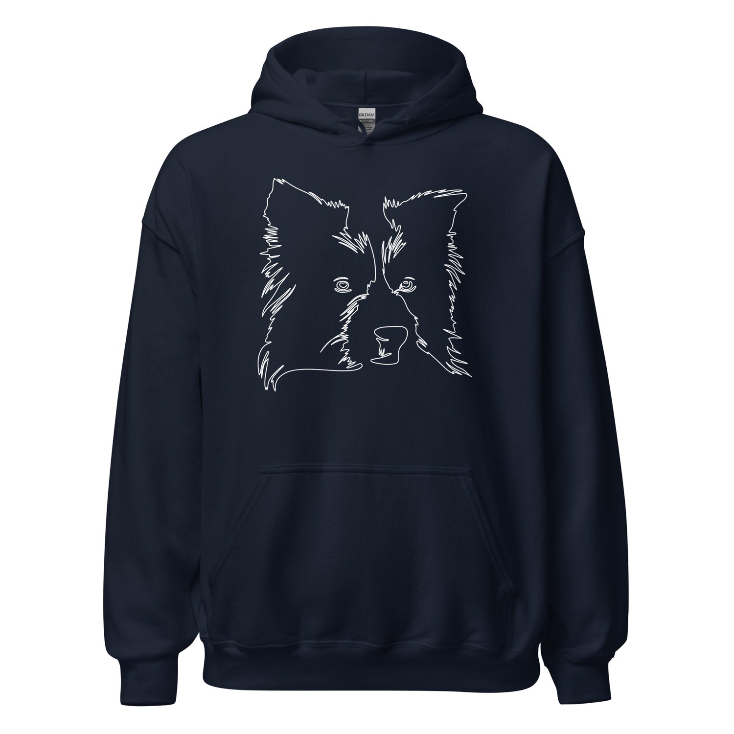 White line Border Collie face on unisex navy hoodie