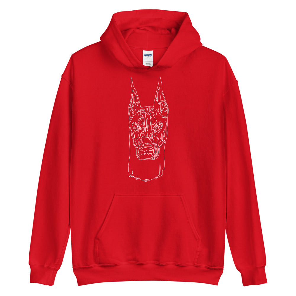 White line Doberman face on unisex red hoodie