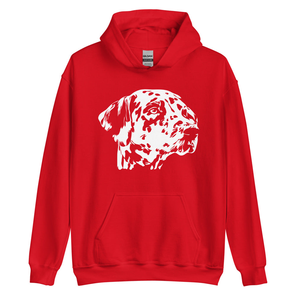 White Dalmatian face silhouette on unisex red hoodie