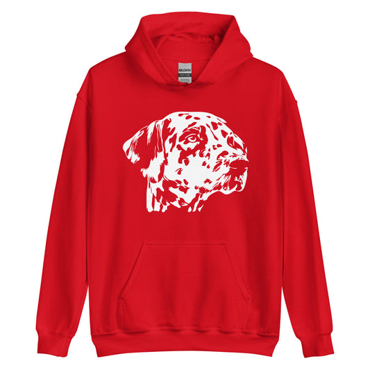 White Dalmatian face silhouette on unisex red hoodie