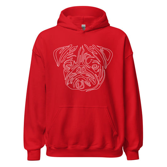 White line Pug face on unisex red hoodie