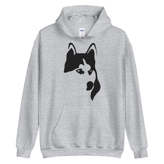 Black Siberian Husky face silhouette on unisex sport grey hoodie
