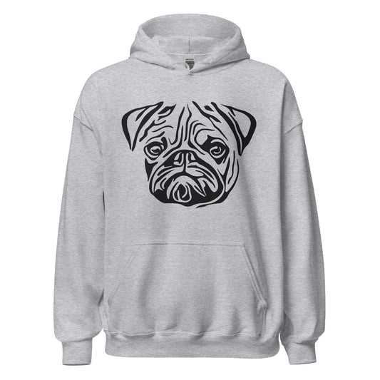 Black Pug face silhouette on unisex sport grey hoodie