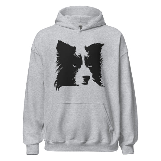 Black Border Collie face silhouette on unisex sport grey hoodie