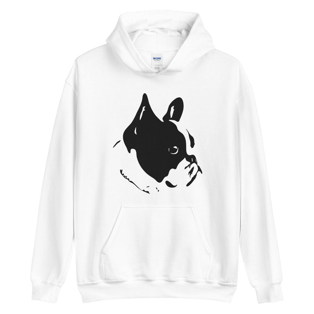 Black French Bulldog face silhouette on unisex white hoodie