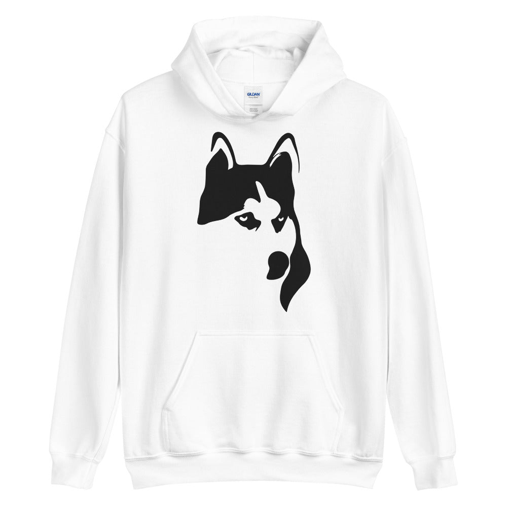 Black Siberian Husky face silhouette on unisex white hoodie