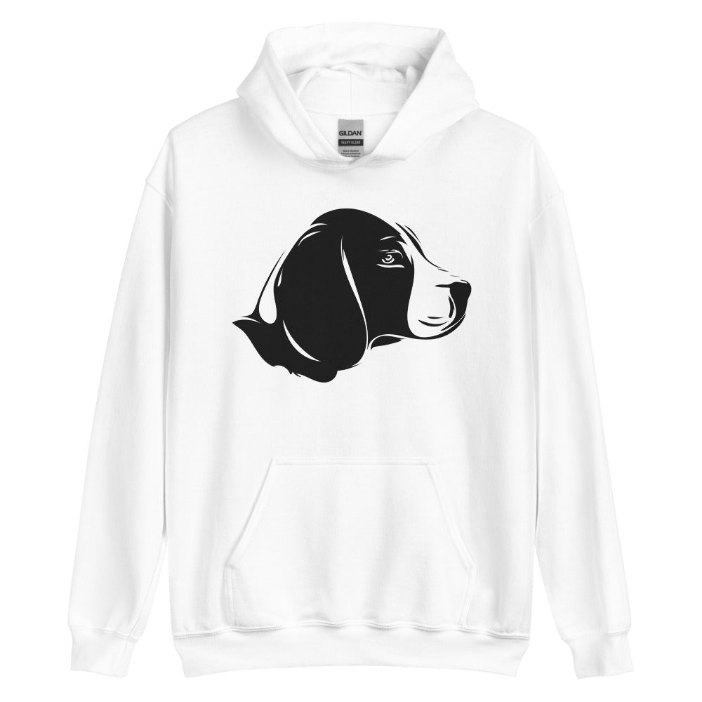 Black Beagle face silhouette on unisex white hoodie