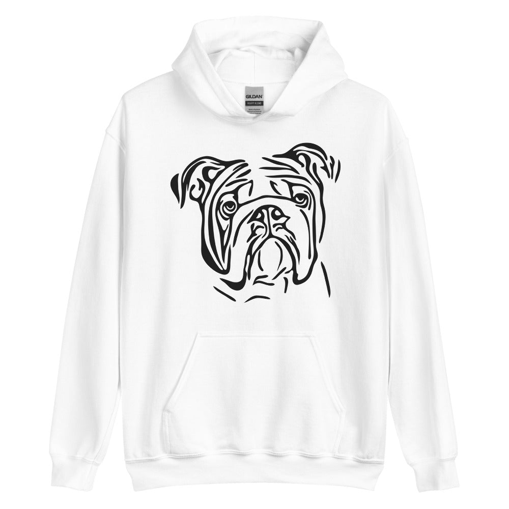 Black line Bulldog face on unisex white hoodie