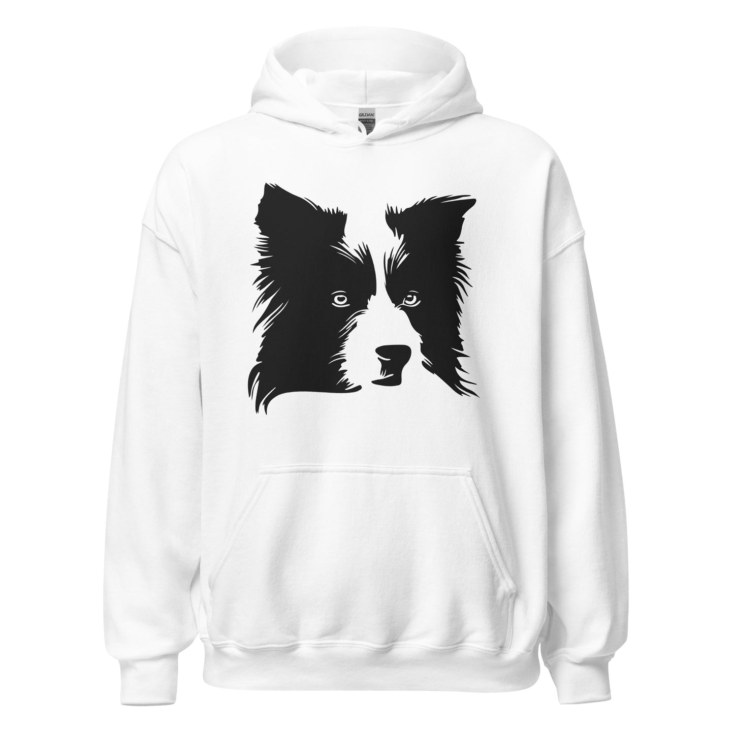 Black Border Collie face silhouette on unisex white hoodie