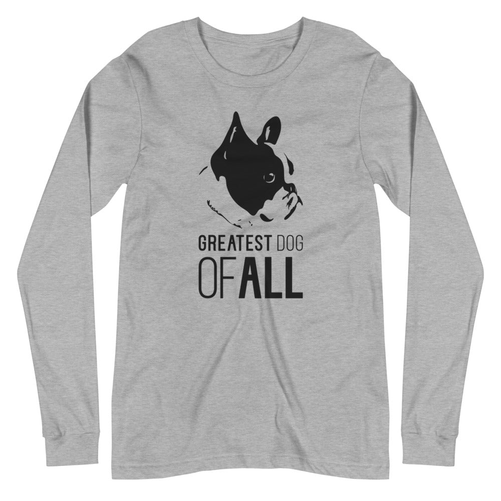 Black French Bulldog face silhouette with Greatest Dog of All caption on unisex athletic heather long sleeve t-shirt