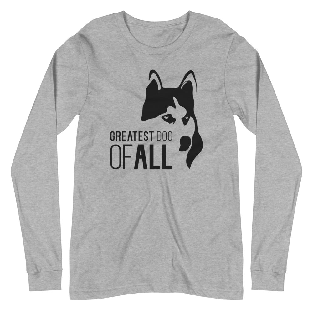 Black Siberian Husky face silhouette with Greatest Dog of All caption on unisex athletic heather long sleeve t-shirt